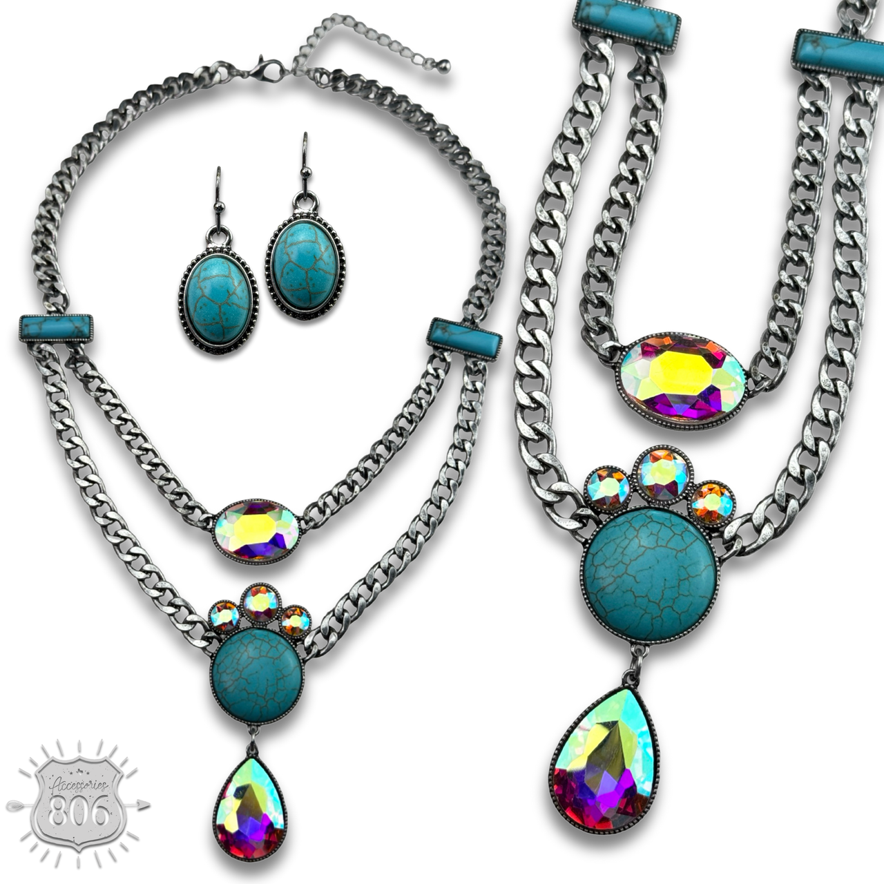 The Seneka Rhinestone Charm Necklace Set - Two Colors!