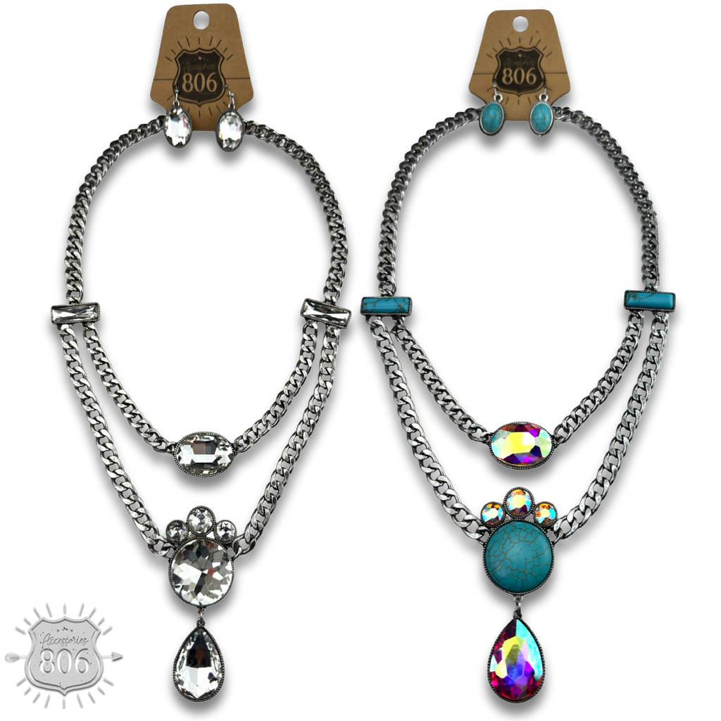 The Seneka Rhinestone Charm Necklace Set - Two Colors!
