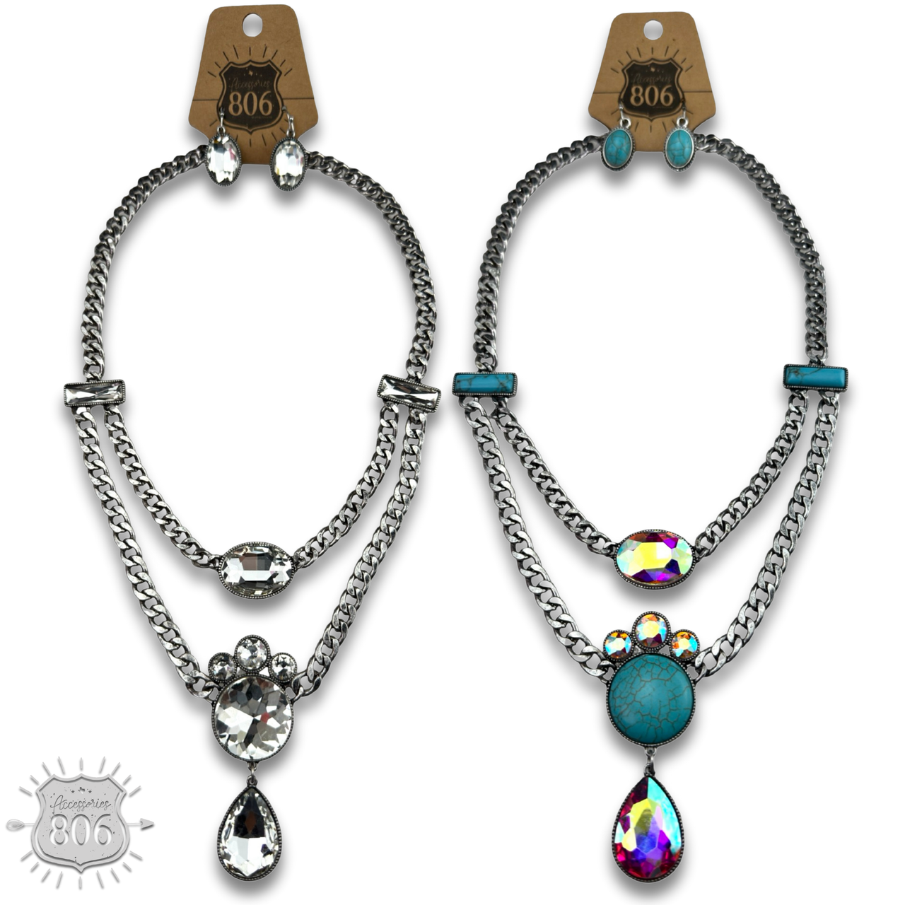 The Seneka Rhinestone Charm Necklace Set - Two Colors!