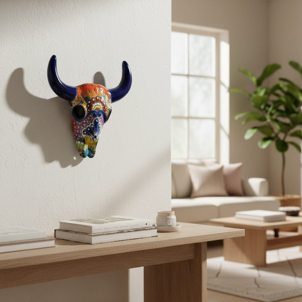 Talavera Bull Skull Wall Decor | Colorful Handmade Longhorn Art