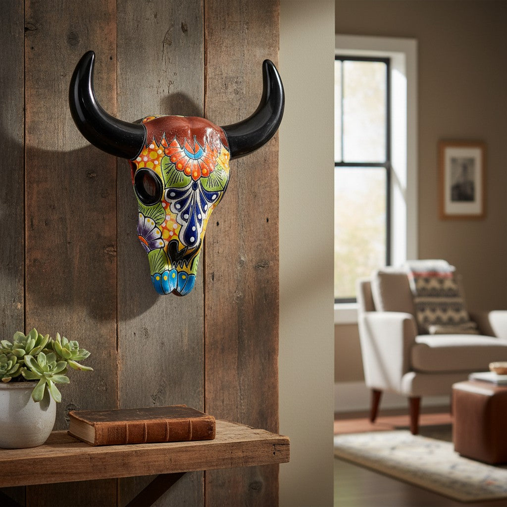 Talavera Bull Skull Wall Decor | Colorful Handmade Longhorn Art