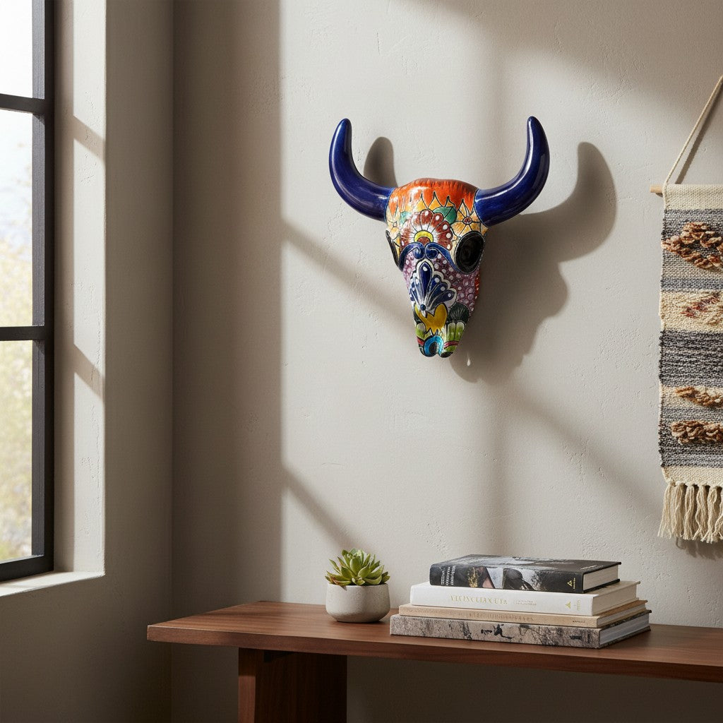 Talavera Bull Skull Wall Decor | Colorful Handmade Longhorn Art